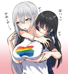  2girls arm_around_neck biting black_hair blush cardigan casual closed_eyes collared_shirt commentary_request grey_hair hair_between_eyes hair_down hair_ornament hairclip higuchi_kaede higuchi_kaede_(2nd_costume) long_hair looking_to_the_side mole mole_under_eye multiple_girls neck_biting nijisanji purple_eyes rainbow_flag ricochet-gou shirt translated tsukino_mito tsukino_mito_(3rd_costume) upper_body very_long_hair virtual_youtuber wavy_mouth yuri 