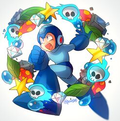  1boy :o artist_name blue_eyes blue_footwear clenched_hand copy_ability diamond_(gemstone) flaming_skull from_side full_body helmet junk leaf male_focus mega_man_(character) mega_man_(classic) mega_man_(series) poroi_(poro586) robot running shouting solo star_(symbol) teeth twitter_username upper_teeth_only white_background 