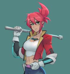  belt closed_mouth cowboy_shot crop_top cropped_jacket english_commentary female gloves green_eyes hair_between_eyes hi-fi_rush holding holding_weapon korsica_(hi-fi_rush) looking_at_viewer midriff navel pink_hair ponytail psuede solo weapon white_gloves 