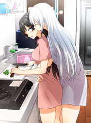  2girls alternate_costume black_hair blush bowl breasts casual closed_eyes clover commentary_request cooking cowboy_shot day food four-leaf_clover from_side hair_down higuchi_kaede hug hug_from_behind indoors kissing kissing_cheek kitchen kitchen_knife knife long_hair looking_at_another medium_breasts mixing_bowl mole mole_under_eye multiple_girls nijisanji open_mouth pajamas plate ricochet-gou santoku_knife sleepy standing tsukino_mito very_long_hair virtual_youtuber white_hair window wooden_floor yuri 