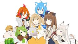  6+girls absurdres animal_ear_fluff animal_ears animare bear_ears bear_hair_ornament bear_paws black_ribbon dog_ears goukin-man haibara_akane hair_ornament hashiba_natsumi_(animare) highres hinokuma_ran inaba_haneru_(animare) kazami_kuku multiple_girls nanashi_inc. ribbon shiromiya_mimi souya_ichika souya_ichika_(1st_costume) tablet_pc twintails virtual_youtuber yunohara_izumi 