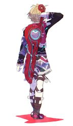  1boy blonde_hair colored_shadow from_behind full_body highres long_sleeves male_focus monado mugimugis shadow shorts shulk_(xenoblade) simple_background solo walking weapon weapon_on_back white_background xenoblade_chronicles_(series) xenoblade_chronicles_1 