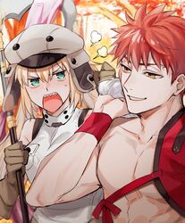  1boy absurdres angry artoria_caster_(fate) artoria_caster_(first_ascension)_(fate) artoria_pendragon_(fate) blonde_hair blurry blush brown_gloves commentary_request depth_of_field emiya_shirou fate/grand_order fate_(series) female gloves green_eyes grey_headwear grin hat highres holding igote looking_at_another open_mouth orange_hair oshiruko_(oshiruko0803) puff_of_air rectangular_mouth senji_muramasa_(fate) sharp_teeth smile staff teeth toned toned_male v-shaped_eyebrows wristband yellow_eyes 