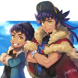  2boys artist_name beard black_hair black_shirt brothers cape crossed_arms dark-skinned_male dark_skin day facial_hair fur_trim grin hat highres hop_(pokemon) jacket leon_(pokemon) long_hair male_focus multiple_boys outdoors pokemon pokemon_swsh poroi_(poro586) purple_hair red_cape shirt short_hair siblings smile wristband yellow_eyes 