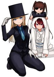  3girls absurdres adjusting_clothes adjusting_headwear alice_lendrott black_headwear black_pants black_suit blonde_hair blue_eyes blue_necktie blue_shirt blunt_bangs bocchan_(shinigami_bocchan_to_kuro_maid) bocchan_(shinigami_bocchan_to_kuro_maid)_(cosplay) brown_hair caph closed_mouth cosplay cross cross_earrings earrings eyepatch formal fur-trimmed_hood fur-trimmed_jacket fur-trimmed_sleeves fur_trim gloves hat highres hood hood_up indian_style inoue_koharu jacket jewelry kneeling leaning_on_person long_hair multiple_girls necktie official_art oversized_clothes pants purple_eyes red_hair shinigami_bocchan_to_kuro_maid shirt short_hair simple_background sitting smile straight_hair suit top_hat twintails viola_(shinigami_bocchan_to_kuro_maid) white_background white_gloves 