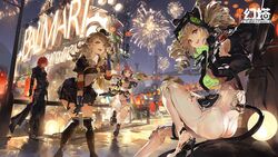  1boy 3girls :d :q aerial_fireworks animal_ears artist_request ass black_coat black_gloves black_jacket black_shirt black_skirt black_thighhighs bodysuit breasts brown_hair cable cable_tail cityscape coat cropped_jacket drill_hair fake_animal_ears fingerless_gloves fireworks gloves hair_through_headwear hand_on_own_thigh hand_up high_heels highres hilda_(tower_of_fantasy) hood hooded_jacket jacket king_(tower_of_fantasy) leaning_forward long_hair long_sleeves looking_at_viewer looking_back mechanical_tail medium_breasts miniskirt multiple_girls neckerchief official_art open_clothes open_jacket outdoors overalls pants pink_hair pleated_skirt purple_eyes red_hair shiro_(tower_of_fantasy) shirt sitting skirt smile standing tail thigh_strap thighhighs thighs tongue tongue_out tower_of_fantasy tsubasa_(tower_of_fantasy) twin_drills twintails white_pants zettai_ryouiki 