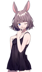  :3 animal_ears bare_arms black_dress blue_eyes brown_hair commentary dress female flat_chest kmnz looking_at_viewer mc_liz one_eye_closed rabbit_ears rabbit_girl rabbit_tail short_hair shugao simple_background solo standing symbol-only_commentary tail tongue virtual_youtuber w white_background 