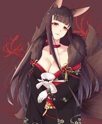  absurdres akagi_(azur_lane) akagi_(plum_and_snow)_(azur_lane) animal_ears azur_lane black_kimono breasts brown_background brown_hair character_doll cleavage eyeliner female fox_ears fox_girl fox_tail fur-trimmed_kimono fur_trim gloves highres japanese_clothes kimono kitsune large_breasts long_hair looking_at_viewer makeup multiple_tails official_alternate_costume orange_eyes red_sash sash shuojianghanyue simple_background solo standing tail white_gloves wide_sleeves 