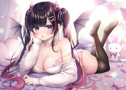  :o absurdres akuma-chan_(mitsuba_choco) black_hair black_thighhighs blurry blurry_background blush bow bra breasts candy candy_wrapper cleavage collar demon_girl demon_horns demon_wings depth_of_field diagonal_stripes female food frilled_pillow frills full_body gradient_hair grey_wings heart heart-shaped_pillow highres holding holding_candy holding_food holding_lollipop horns legs_up lollipop long_sleeves looking_at_viewer lying medium_breasts mitsuba_choco multicolored_hair no_shoes oerba_yun_fang off-shoulder_shirt off_shoulder on_stomach open_mouth original panties pennant pillow pink_bra pink_panties polka_dot purple_eyes red_hair shirt side-tie_panties sleeves_past_wrists soles solo strap_slip streaked_hair string_of_flags striped striped_bow stuffed_animal stuffed_rabbit stuffed_toy swirl_lollipop thighhighs translation_request twintails twitter_username underwear white_collar white_shirt wings 