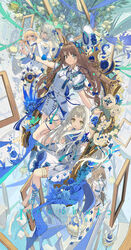  5girls animal_on_head bare_arms bare_legs barefoot bird bird_on_head birdcage blonde_hair blue_bow blue_eyes blue_flower blue_nails blue_ribbon blue_rose bow braid breasts brown_eyes brown_hair cage cleavage closed_mouth collared_shirt commentary dress elbow_gloves facial_mark flower full_body gloves grey_hair hair_ribbon hairbow highres jewelry leaf leg_ribbon long_hair looking_at_viewer md5_mismatch medium_breasts multiple_girls necklace off-shoulder_dress off_shoulder on_head open_mouth original parted_lips picture_frame plant ribbon rose shirt short_shorts short_sleeves shorts sleeveless sleeveless_dress smile star_(symbol) star_facial_mark symbol-only_commentary tassel thigh_strap toes touzai_(poppin_phl95) twintails unworn_headwear very_long_hair white_dress white_gloves white_headwear white_shirt white_shorts wrist_cuffs yellow_eyes yellow_flower 