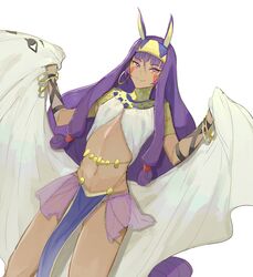  bare_legs belt bracelet dark-skinned_female dark_skin fate/grand_order fate_(series) female hairband highres holding holding_towel jewelry long_hair looking_at_viewer necklace nitocris_(fate) pointy_ears purple_eyes simple_background smile solo stomach towel tuze111 twintails underwear white_background 