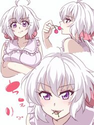  :t alternate_costume blush breasts cherry cherry_stem_knot cropped_arms cropped_legs crossed_arms eating emmxd325 female food from_side fruit highres large_breasts long_hair looking_at_viewer open_mouth pink_ribbon purple_eyes ribbon senki_zesshou_symphogear twintails upper_body white_background yukine_chris 