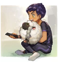  1boy :d artist_name black_pants controller crossed_legs dark-skinned_male dark_skin full_body holding holding_pokemon hop_(pokemon) male_focus open_mouth pants pokemon pokemon:_twilight_wings pokemon_(creature) pokemon_swsh poroi_(poro586) remote_control sheep short_hair simple_background sitting smile socks white_footwear wooloo yellow_eyes 