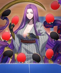  bare_shoulders bath_yukata breasts claws cleavage closed_mouth collarbone commentary_request fangs fate/grand_order fate_(series) female forehead gorgon_(fate) hair_intakes japanese_clothes kimono large_breasts long_hair long_sleeves looking_at_viewer medusa_(fate) minami_koyogi monster_girl mundane_utility paddle parted_bangs purple_eyes purple_hair sash scales shima_(pattern) snake snake_hair snake_tail solo table_tennis table_tennis_paddle tail very_long_hair wide_sleeves yukata 