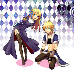  1boy abs argyle_background black_footwear black_gloves black_shirt black_thighhighs blonde_hair blue_bow blue_cape blue_eyes blue_jacket blush book bow breasts brown_pants cape closed_mouth commentary_request crop_top cross cross_necklace dress female fingerless_gloves full_body fur-trimmed_cape fur-trimmed_jacket fur_trim garter_straps gloves hairbow holding holding_book jacket jewelry juliet_sleeves leaning_forward long_hair long_sleeves looking_at_viewer medium_breasts necklace open_clothes open_jacket open_mouth pants priest_(ragnarok_online) puffy_sleeves purple_dress ragnarok_online shirt shoes short_hair short_sleeves smile squatting stalker_(ragnarok_online) standing thighhighs tsuki_miso vambraces waist_cape 