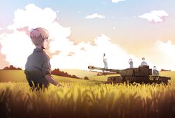  5boys caterpillar_tracks cloud commentary day grass hat highres jacket male_focus military military_uniform military_vehicle motor_vehicle mrxinom multiple_boys original outdoors overgrown plant ptsd scenery short_hair sitting sky sleeves_rolled_up soldier tank tiger_i transparent uniform world_war_ii 