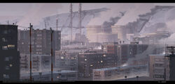  cityscape cooling_tower english_text haguruma_c highres letterboxed lights mountainous_horizon no_humans original outdoors overcast radio_tower realistic refinery scenery sky smoke snow urban utility_pole 