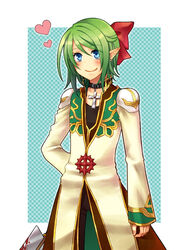  1boy alternate_color black_pants blue_background blue_eyes border bow checkered_background choker closed_mouth coat commentary_request cowboy_shot cross cross_choker earrings green_coat green_hair hairbow heart high_priest_(ragnarok_online) holding holding_weapon jewelry layered_clothes long_sleeves looking_at_viewer mace male_focus medium_hair multicolored_coat outside_border pants pointy_ears ragnarok_online red_bow smile solo stud_earrings tsuki_miso two-tone_coat weapon white_border white_coat 