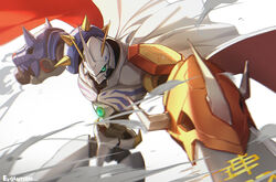  absurdres arm_cannon armor cape digimon digimon_(creature) gun highres horns looking_at_viewer mecha no_humans omegamon red_cape robot solo spikes sword weapon white_cape yumuto_(spring1786) 