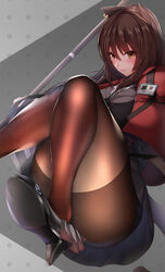  absurdres animal_ears arknights black_dress black_footwear blush brown_eyes brown_hair brown_pantyhose cat_ears commentary_request commission dress earrings female grey_background hair_ornament high_heels highres jacket jewelry long_hair open_clothes open_jacket pantyhose red_jacket skeb_commission skyfire_(arknights) solo thick_thighs thighs tiri_man 