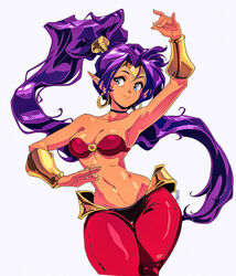  arabian_clothes arm_up armpits bandeau bare_shoulders belly_dancing blue_eyes bracer breasts choker circlet cleavage commentary dancer dancing dark-skinned_female dark_skin david_liu earrings english_commentary female grey_background harem_pants high_ponytail highres hoop_earrings jewelry long_hair looking_to_the_side medium_breasts midriff narrow_waist navel o-ring o-ring_top pants pointy_ears purple_hair red_pants shantae shantae_(series) shantae_and_the_seven_sirens simple_background smile solo standing thick_thighs thigh_gap thighs very_long_hair wide_hips 