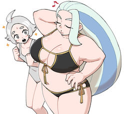  2girls :o arm_behind_head bare_arms bikini black_bikini blush breasts cleavage closed_eyes collarbone commentary_request eyelashes fat grey_eyes grey_hair grey_one-piece_swimsuit gym_trainer_(pokemon) hand_on_own_hip hand_up mature_female melony_(pokemon) multiple_girls musical_note nutkingcall one-piece_swimsuit open_mouth pokemon pokemon_swsh short_hair sparkle standing sweatdrop swimsuit teeth white_background 