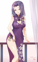  breasts china_dress chinese_clothes cleavage cleavage_cutout clothing_cutout commentary_request dress female floral_print heart_cutout highres kantai_collection looking_at_viewer medium_hair parted_lips purple_dress purple_eyes purple_hair railing saku_(kudrove) side_slit sidelocks signature smile solo standing tatsuta_(kancolle) thighs 