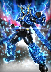  armor blue_armor blue_eyes build_driver driver_(kamen_rider) electricity fullfull_bottle gloves ground_vehicle hazard_trigger highres kamen_rider kamen_rider_build kamen_rider_build_(series) male_focus military military_vehicle motor_vehicle power_armor powering_up rider_belt ryukawa tank+tank_form tokusatsu 