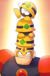  1boy balancing gradient_background grin guts_man helmet looking_at_viewer male_focus mega_man_(classic) mega_man_(series) mega_man_1 met_(mega_man) on_head poroi_(poro586) robot simple_background smile solo stacking upper_body yellow_headwear 