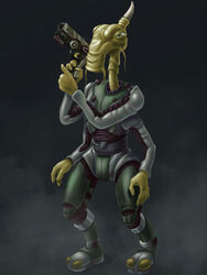  1c_company 2020 3:4 4_arms 4_toes alien amphibian armor barbel_(anatomy) blaster digital_media_(artwork) elemental_games feet gradient_background green_body green_eyes green_skin gun half-closed_eyes handgun hi_res katauri_interactive male multi_arm multi_limb narrowed_eyes peleng pistol ranged_weapon reloading simple_background smashnik solo space_rangers toes weapon whiskers 