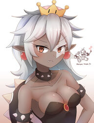  armlet bai_qiao black_collar breasts brown_eyes cleavage collar commentary crown dark_skin earrings female frown genderswap_(mtf) highres jewelry koopalings large_breasts mario_(series) morton_koopa_jr. new_super_mario_bros._u_deluxe pointy_ears rule_63 sharp_teeth spiked_armlet spiked_collar spiked_shell spikes staff star_tattoo strapless super_crown symbol-only_commentary tattoo teeth turtle_shell white_hair 