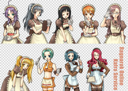  6+girls adjusting_eyewear ahoge alty_(ragnarok_online) apron black-framed_eyewear black_hair black_thighhighs blonde_hair blossom_(ragnarok_online) blue_eyes blue_hair breasts brown_dress brown_eyes brown_hair cleavage clipboard closed_mouth commentary_request copyright_name cowboy_shot crop_top curly_sue derivative_work dress fake_transparency frilled_apron frills garter_straps glasses gloves green_eyes grey_hair hair_over_shoulder hand_on_own_cheek hand_on_own_face holding holding_clipboard jasmine_(ragnarok_online) kafra_uniform leaning_forward leilah_(ragnarok_online) long_hair looking_at_viewer lyrus_(ragnarok_online) maid maid_headdress medium_breasts midriff miniskirt multiple_girls navel necktie one_eye_closed open_mouth orange_eyes orange_hair orange_shirt orange_skirt orange_thighhighs own_hands_together pavianne_(ragnarok_online) pink_eyes pink_hair ponytail puffy_short_sleeves puffy_sleeves purple_hair ragnarok_online red_hair roxie_(ragnarok_online) sampaguita_(ragnarok_online) semi-rimless_eyewear shirt short_dress short_hair short_sleeves skirt smile thighhighs tsuki_miso under-rim_eyewear white_apron white_gloves white_necktie yellow_eyes 