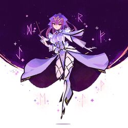  dress fate/grand_order fate_(series) feather_trim female fur-trimmed_dress fur_trim hair_between_eyes headpiece highres holding holding_wand marina_(mrn9) purple_dress purple_hair purple_ribbon red_eyes ribbon runes scathach_(fate) scathach_skadi_(fate) scathach_skadi_(third_ascension)_(fate) solo tiara wand 