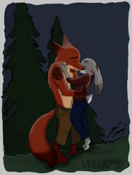  2020 acornshield alcram anthro barefoot bella_swan canid canine colored crossover dipstick_ears dipstick_tail disney ear_markings evergreen_tree feet female flannel_shirt fox gloves_(marking) jacob_black judy_hopps kissing lagomorph leporid love male mammal markings moon multicolored_ears multicolored_tail nick_wilde pine_tree plant rabbit red_fox tail tail_markings tattoo tree true_fox twilight twilight_(series) voluxpto zootopia 