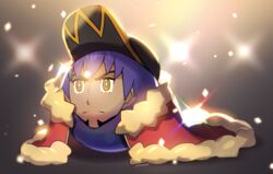  ball baseball_cap blurry cape character_print commentary_request confetti fur-trimmed_cape fur_trim hat leon_(pokemon) light no_humans pokemon pokemon_swsh poroi_(poro586) red_cape 