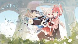  2girls animal_ears bacheally bell blue_eyes boots bow cape dress flowers foxgirl gloves gray_hair hug leaves long_hair original pink_hair red_eyes ribbons sakurada_hane sakurada_shiro see_through signed skirt tail thighhighs twintails wings wink zettai_ryouiki 