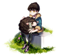  1boy alternate_color black_hair black_pants blue_jacket full_body fur_trim grass hop_(pokemon) jacket male_focus on_lap outdoors pale_skin pants petting pokemon pokemon_(creature) pokemon_swsh poroi_(poro586) shiny_pokemon sitting white_background wooloo yellow_eyes 