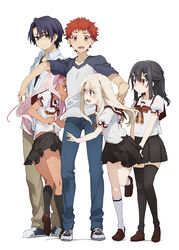  2boys 3girls black_hair black_skirt black_thighhighs brother_and_sister chloe_von_einzbern emiya_shirou fate/kaleid_liner_prisma_illya fate_(series) homurahara_academy_school_uniform illyasviel_von_einzbern julian_ainsworth kneehighs loafers miyu_edelfelt multiple_boys multiple_girls official_art orange_hair pink_hair pleated_skirt raglan_sleeves ryuudou_issei school_uniform shoes short_sleeves siblings simple_background skirt socks thighhighs white_background white_hair white_legwear 