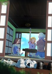  3girls absurdres ahoge arm_up ass bad_id bad_pixiv_id black_footwear blonde_hair blue_pants blue_sky blurry blurry_foreground brown_hair closed_eyes cloud cloudy_sky collared_shirt depth_of_field feet from_behind ghhoward grey_hair highres indoors knees_up loafers long_hair multiple_girls no_shoes open_mouth original pants parted_bangs purple_shirt school_uniform scrabble_(game) seiza shadow shirt shoes short_sleeves sitting sky sneakers socks soles t-shirt toes uno_(game) unworn_shoes vest white_footwear white_socks 