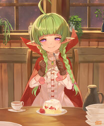  :t absurdres ahoge blunt_bangs bow braid brown_gloves cake candle cape closed_mouth commission cup dress eating female fire_emblem fire_emblem_awakening food fork fruit gloves green_hair head_tilt highres holding holding_fork indoors kiriyama2109 light_smile long_hair looking_at_viewer nah_(fire_emblem) plant pointy_ears potted_plant purple_eyes red_bow red_cape saucer signature sitting skeb_commission solo strawberry strawberry_shortcake teacup twin_braids white_dress window 