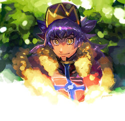  1boy baseball_cap cape champion_uniform closed_mouth commentary_request dark-skinned_male dark_skin facial_hair fur-trimmed_cape fur_trim hat leon_(pokemon) long_hair looking_at_viewer male_focus pokemon pokemon_swsh poroi_(poro586) purple_hair red_cape shirt smile solo upper_body yellow_eyes 