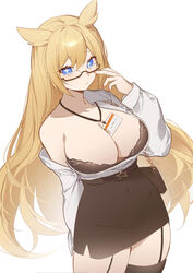  absurdres ash_arms between_breasts black_bra black_skirt black_thighhighs blonde_hair blue_eyes bra breasts cleavage closed_mouth female garter_straps glasses highres id_card large_breasts long_hair looking_at_viewer m26_pershing_(ash_arms) nail_polish off_shoulder office_lady open_clothes open_shirt red_nails semi-rimless_eyewear shibuya_(kurokamishain) shirt simple_background skirt solo thighhighs underwear very_long_hair white_background white_shirt 