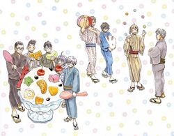  6+boys ahoge arms_at_sides banana beard black_hair black_kimono blonde_hair blue_kimono blue_sash blush_stickers brown_kimono brown_sash carrying_over_shoulder cheekbones cherry commentary crossed_arms cup dot_nose facial_hair food fruit geta glasses gotou_masamune green_sash grey_kimono hands_up hayashida_takahashi holding holding_spoon ice_cream japanese_clothes kimono kiriyama_rei kumakura_kengo laughing looking_at_another male_focus mandarin_orange matsumoto_issa melon misumi_tatsuyuki multicolored_background multiple_boys nikaidou_harunobu obi open_mouth oversized_food oversized_object polka_dot polka_dot_kimono ponytail pumpkin red_sash sandals sangatsu_no_lion sash serious shimada_kai_(sangatsu_no_lion) short_ponytail simple_background smile souya_touji sparkle sparkle_background spiked_hair spoon standing striped_clothes striped_kimono striped_sash thick_eyelashes tsurime umino_chika v-shaped_eyebrows walking watermelon white_background white_kimono wide_shot yellow_kimono yukata 