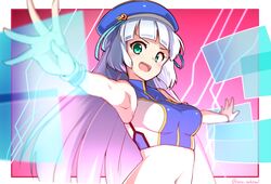  artist_name azu_ankoowl bag beret blue_hat bracelet breasts crop_top female green_eyes gundam gundam_exa hat highres holographic_monitor jewelry looking_at_viewer looking_to_the_side medium_breasts midriff navel purple_eyes skin_tight smile solo sthesia_awar v-shaped_eyebrows white_hair 