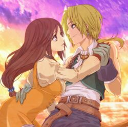  1boy blonde_hair blue_eyes bodysuit breasts brown_hair chiru_(sanifani) choker closed_mouth female final_fantasy final_fantasy_ix garnet_til_alexandros_xvii gloves long_hair low-tied_long_hair open_mouth orange_bodysuit smile tail zidane_tribal 