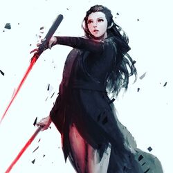  babyj0 black_hair commentary_request dark_persona dual_wielding energy_sword female grey_background holding lightsaber looking_up parted_lips red_eyes rey_(star_wars) solo star_wars sword weapon 