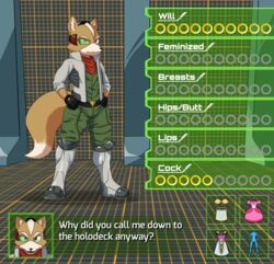  anthro canid canine clothed clothing dialogue_box feminization fox fox_mccloud glazed_(artist) holodeck looking_at_viewer male mammal nintendo solo star_fox 