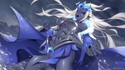  :o armor armored_dress black_sclera black_skin blue_cape blue_eyes blue_nails blue_sclera blue_skirt blue_sleeves blue_tongue cape colored_sclera colored_skin colored_tongue commentary_request cowboy_shot detached_sleeves erda_(maplestory_2) female fingernails grey_background grey_skin grey_theme highres long_fingernails long_hair looking_away maplestory maplestory_2 multicolored_sclera navel open_mouth pointy_ears queasy_s skirt snow solo twitter_username white_hair 