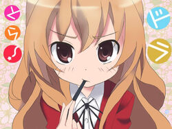  aisaka_taiga black_ribbon blazer blush brown_eyes brown_hair chopsticks chopsticks_in_mouth collared_shirt commentary female floral_background hair_between_eyes highres jacket long_hair looking_at_viewer neck_ribbon oohashi_high_school_uniform parted_lips red_jacket ribbon school_uniform shirt sigma_y solo teeth toradora! upper_teeth_only white_shirt 