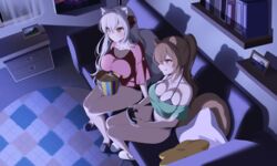  2girls :q absurdres animal_ears aqua_shirt bare_legs bare_shoulders blush book bra_strap breasts brown_eyes brown_hair bucket commission controller couch crop_top cropped_shirt food hair_intakes highres holding holding_bucket holding_controller ia_(ias1010) indoors large_breasts long_hair midriff multiple_girls off-shoulder_shirt off_shoulder original park_bokja pillow ponytail popcorn red_shirt riss second-party_source shirt short_sleeves sitting slippers smile tail thighs tongue tongue_out white_hair 